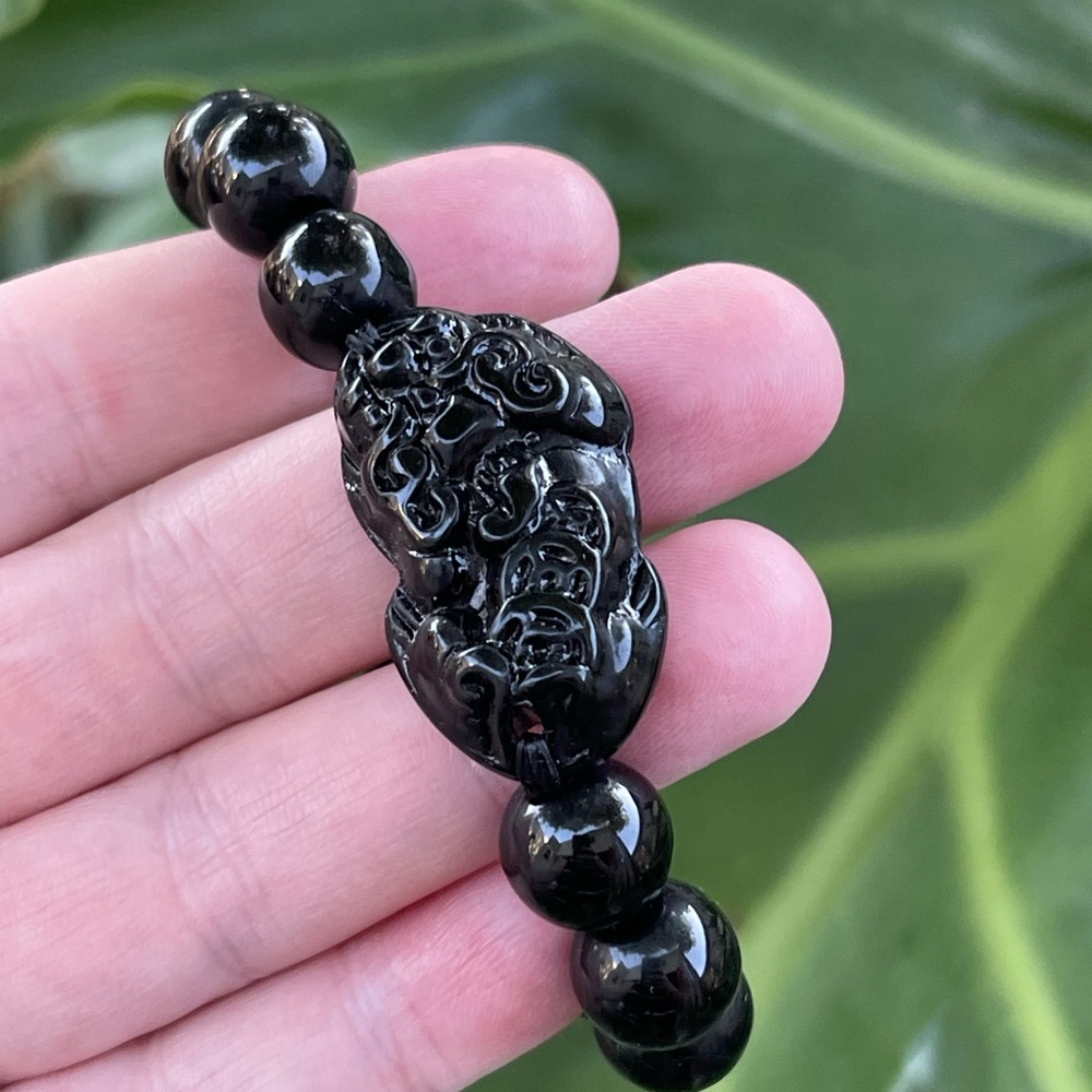 Obsidian Pixiu Sanskrit mantra bracelet